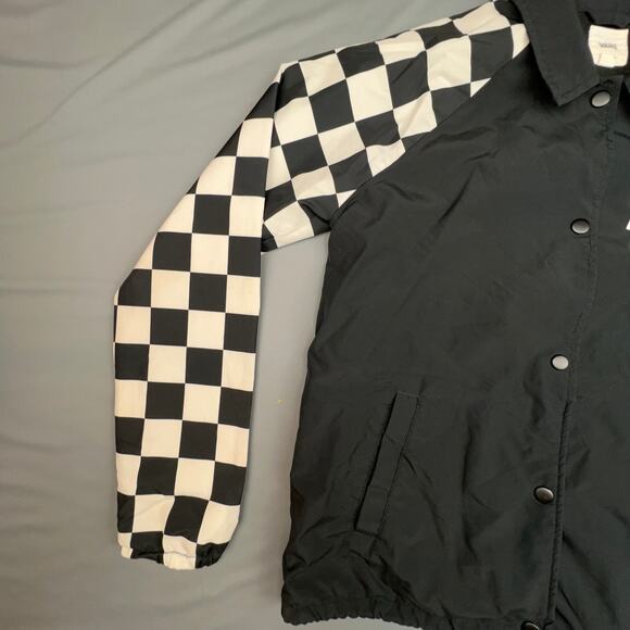 Vans Thank You Coach Jacket XS Black Checkered Sleeve Logo Windbreaker - Picture 3 of 8